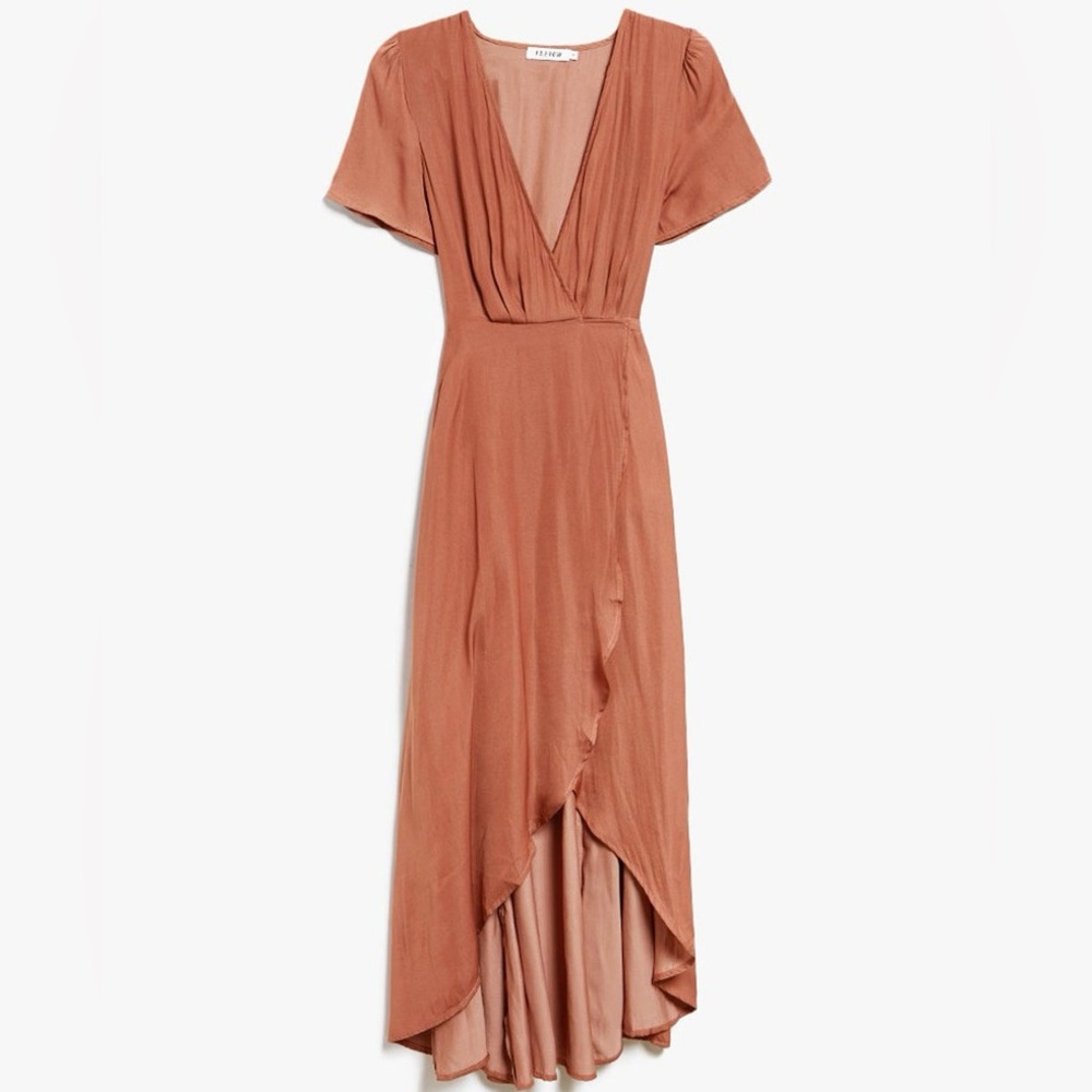 Farrow wrap hi-lo satin short sleeve dress